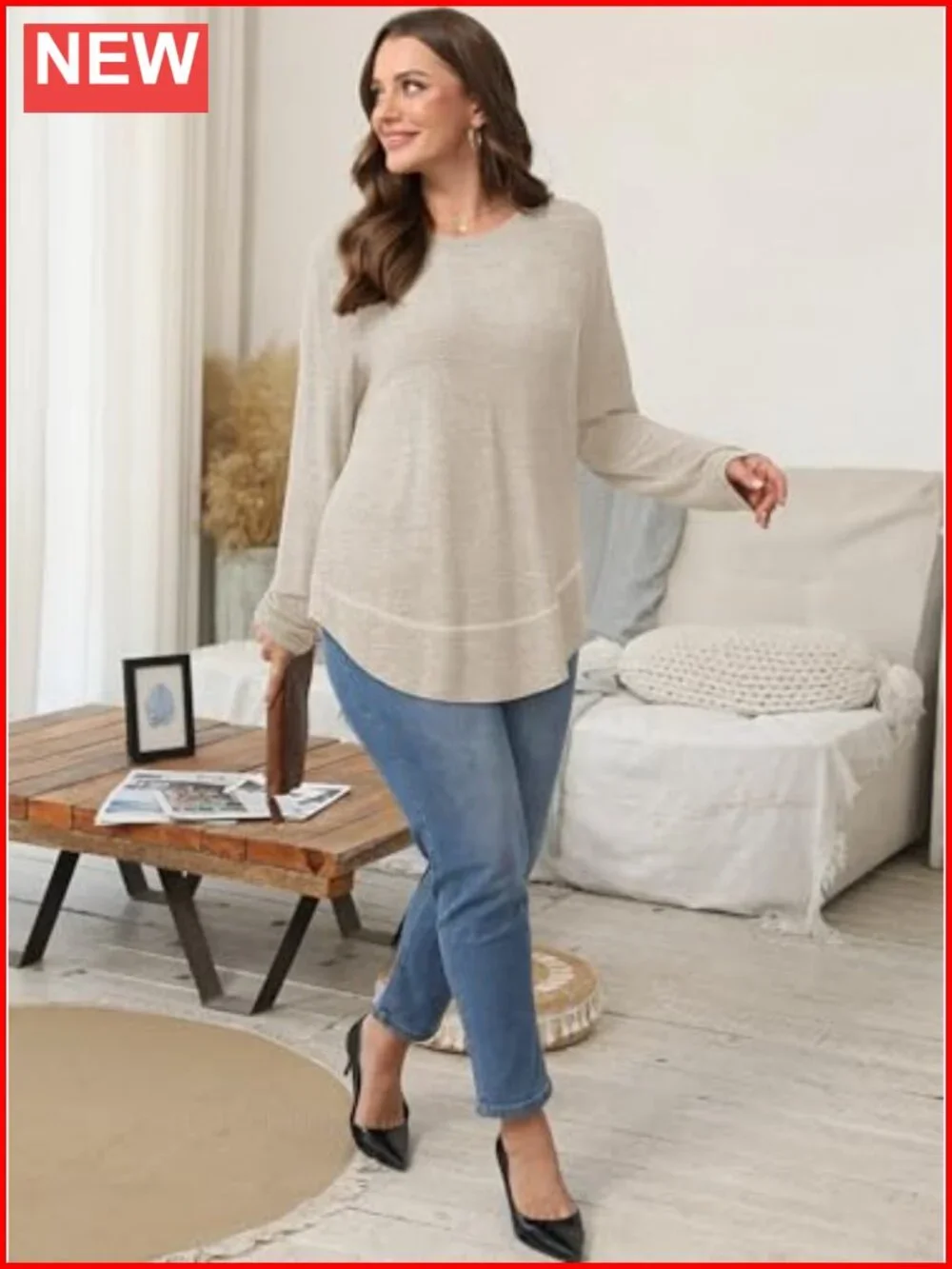Women's Long Sleeve Tunic Top Loose Fit Crew Neck Pullover Blouse